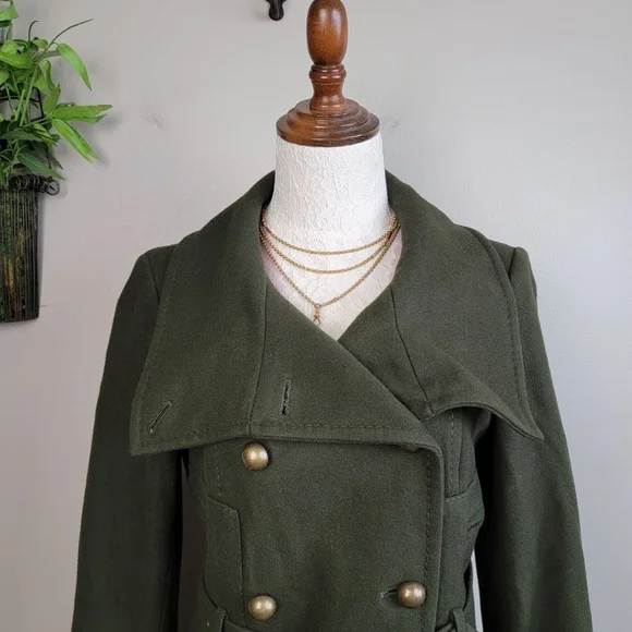 BCBGMaxAzria S Trench Peacoat Wool Cashmere Long Olive Green Coat Jacket BCBG - Picture 13 of 15